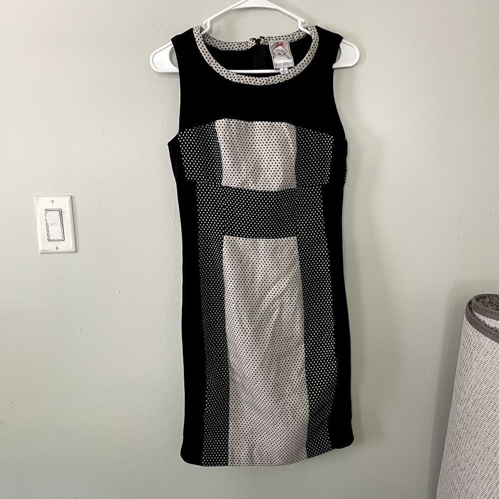 Yoana Baraschi black gray white panel spots polka dotted business pencil dress